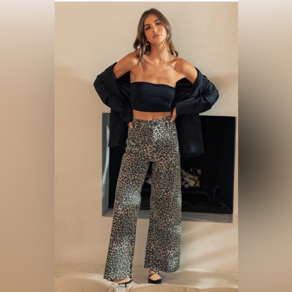 Miou Muse Leopard Print Wide-Leg Pants, size M